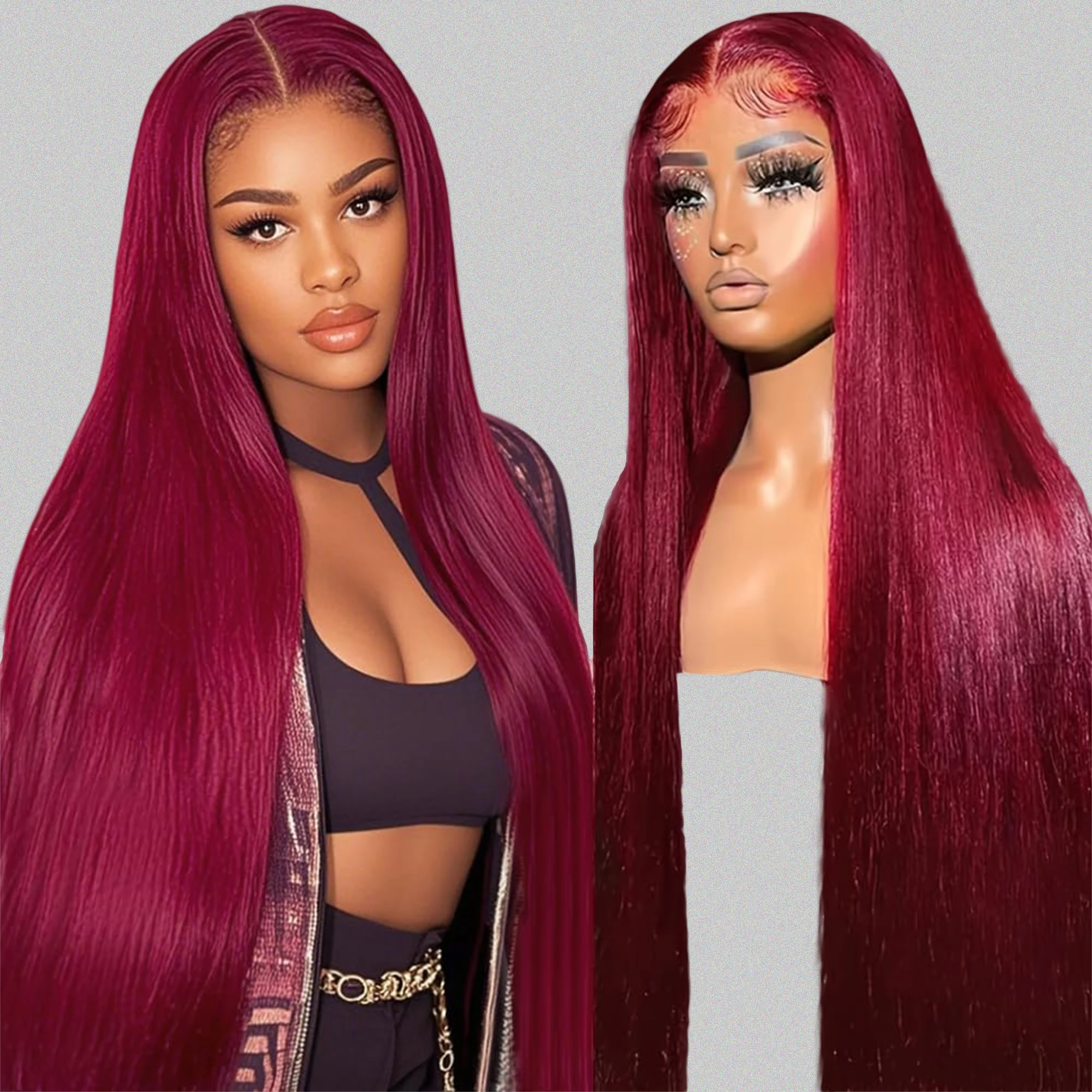 

99J Straight 13x6 HD Lace Frontal Human Hair Wigs Red Brugundy Color Transparent Lace Front Pre Plucked Wig For Women 30 36Inch