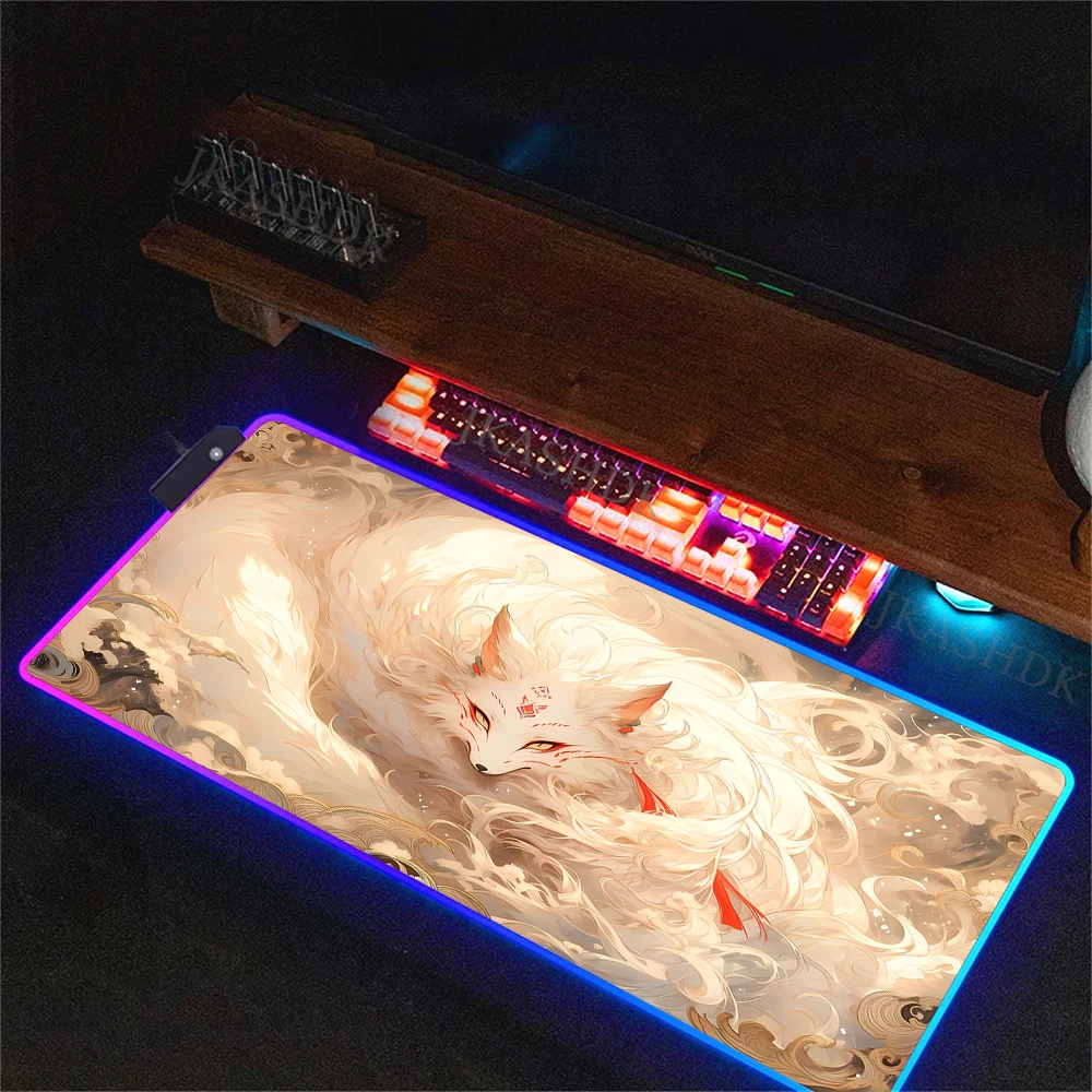 RGB Mousepad Pc Computer Accessories LED Backlight Desk Mat Lock Edge Deskmat Anime Kawaii Fox Large Keyboard Gaming Mouse Pad