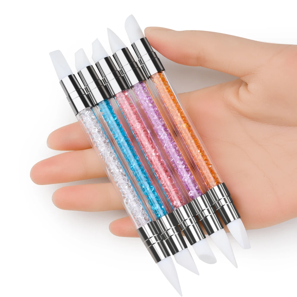 5Pcs Dual-Headed Silicone Rhinestone Nail Polish Carving Pen - DIY Nail Art Sculpture & Dotting Pen Durable Drawing Lines Brush