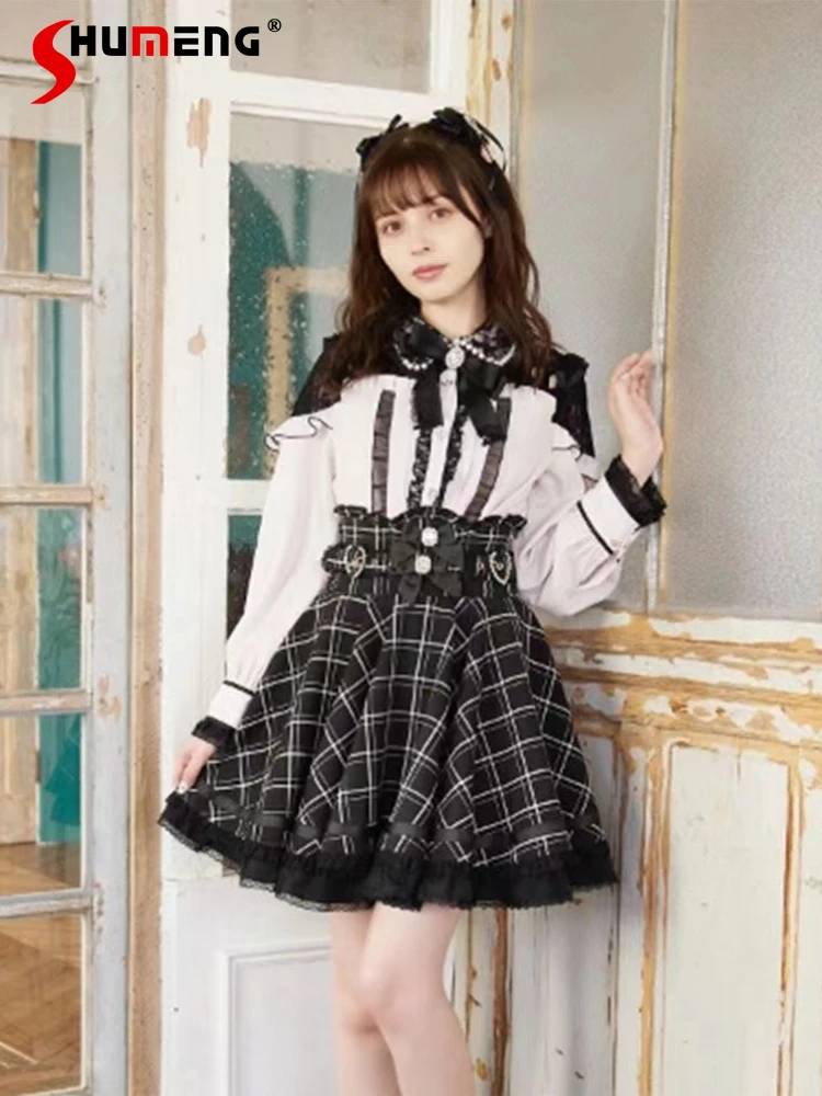 Japanese Mine Style Sweet Lolita Girl Back Lace-up Bow Love Square Diamond Buckle Lace Edge High Waist Pleated Short Skirt Women