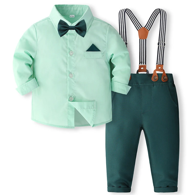 4Piece Spring Autumn Boys Sets Clothing Fashion Gentleman Cotton Long Sleeve Tops+Pants+Straps+Tie Baby Clothes Outfit BC1821-1