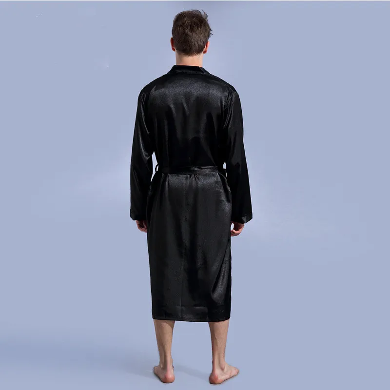 Men's Solid Color Silk Satin Robes Bathrobe Nightgown Pajamas Sleepwear Long-Sleeved Soft Kimono Nightgown