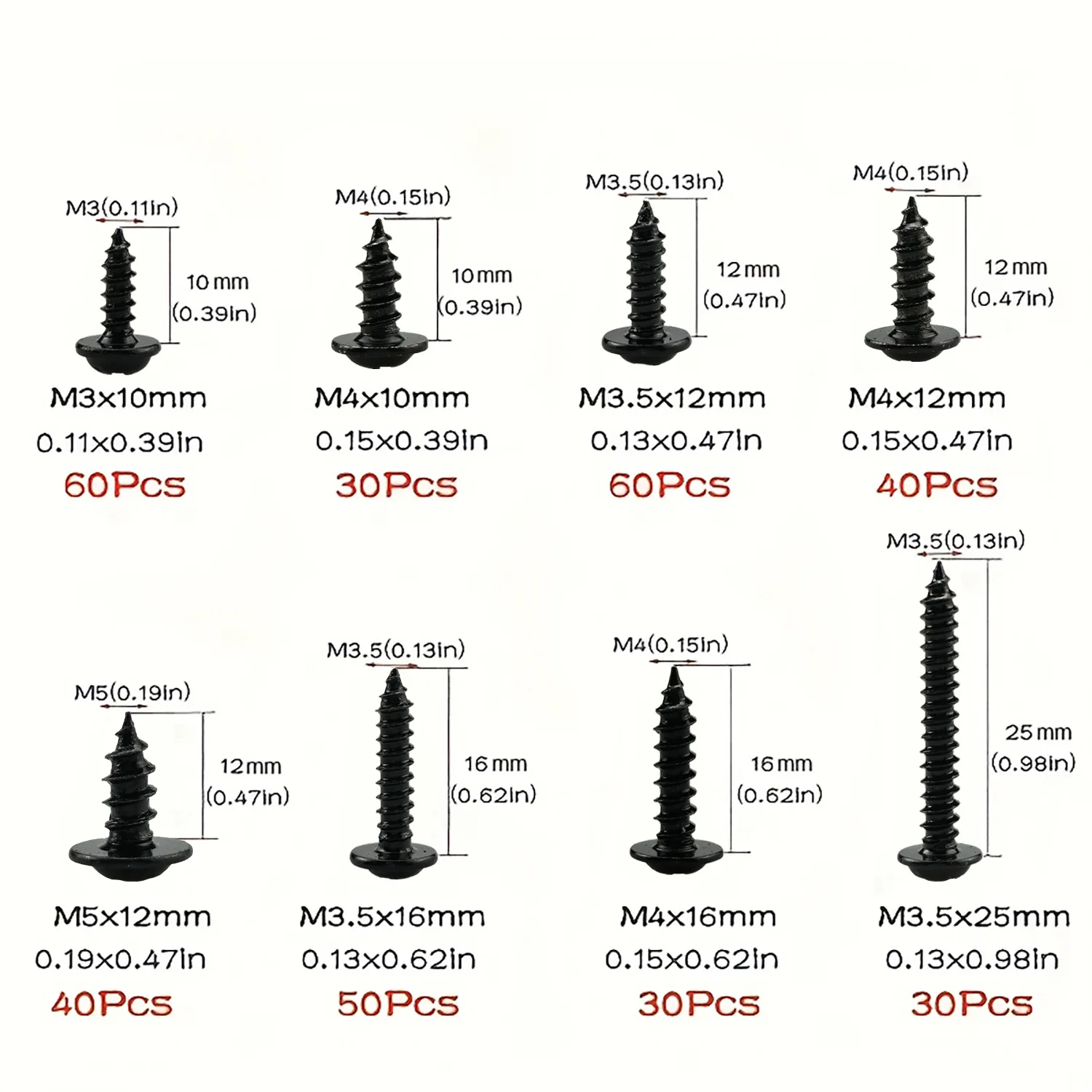 Picture 3: 390Pcs Carbon Steel Wafer Head Flange Self Tapping Screws Black Cross Head Self-Drilling Screw Bolt Phillips Head Assortment Kit