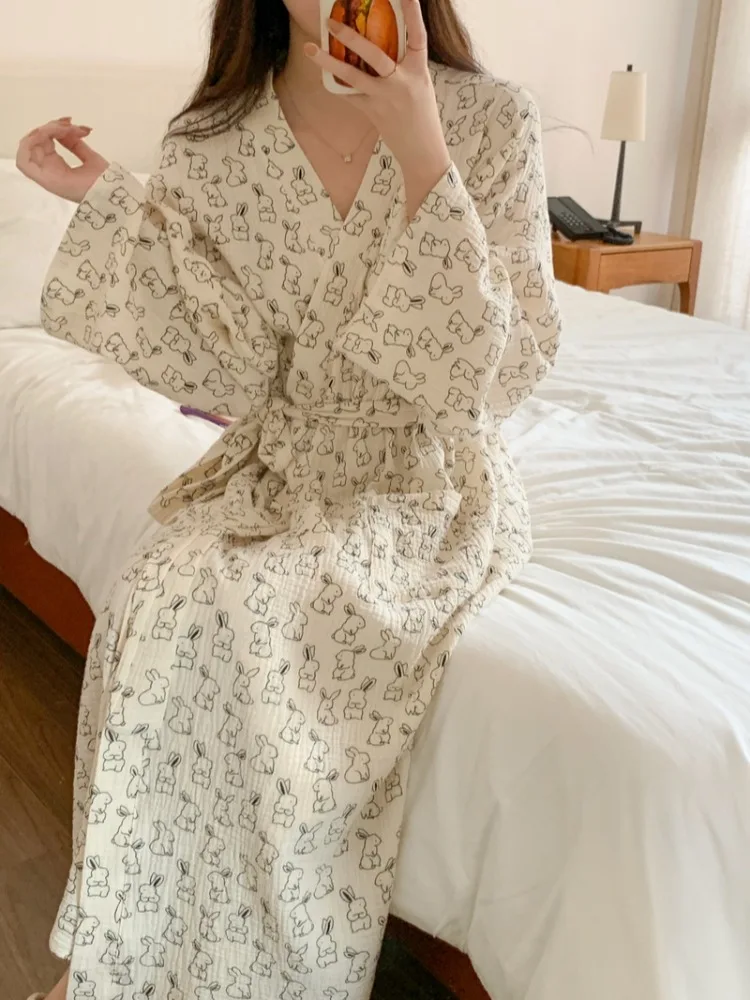 

Cute Cartoon Cotton Robe Long Sve Spwear Women's Home Clothes Spring Autumn Seasonal Comfortable Nightgown Gown