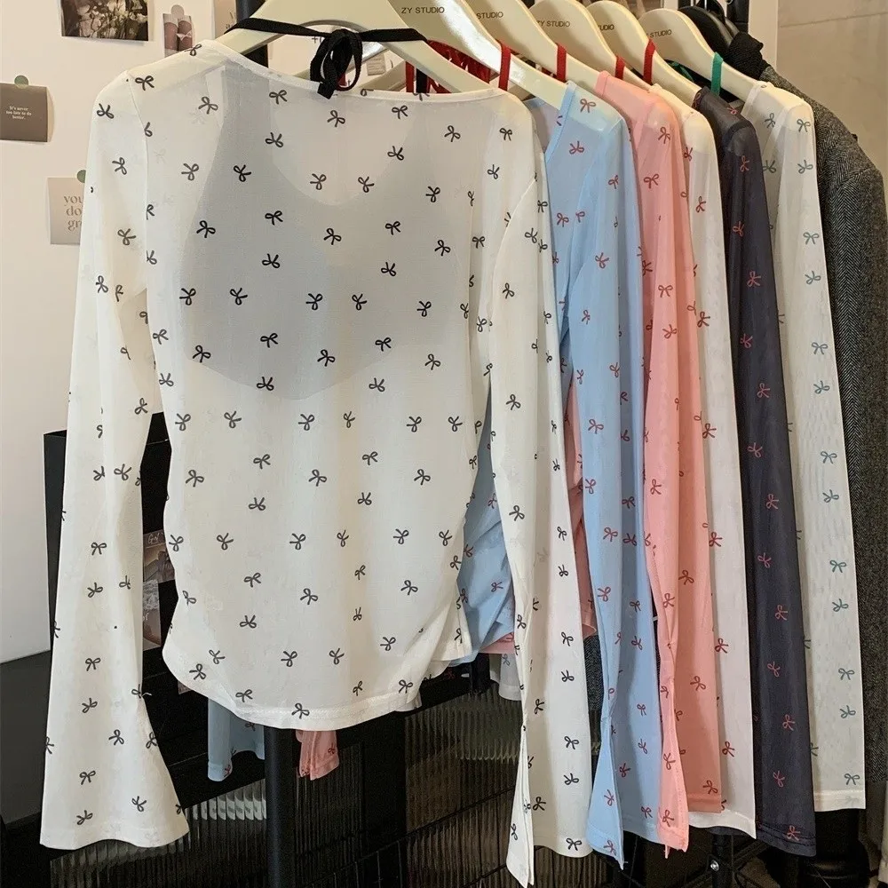Fashion Bow Print Off Shoulder Blouse Mesh Slim Fit Sheer Shirt Long Sleeve Sun Protection Y2K Beach Tops