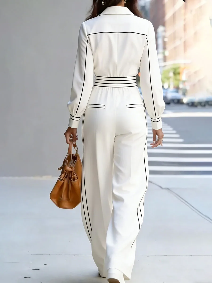 Bonboho Women's White Black Contrast Trim Collared High Waist Wide Leg Jumpsuit Elegant Office Jumpsuit for Work & Formal Events