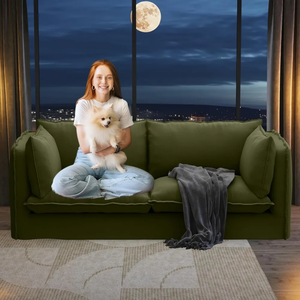 أرائك سحابة مقاس 80 بوصة لغرفة المعيشة، أريكة من قماش الكتان مكونة من 3 مقاعد مع وسادتين مسند للذراع وأرجل خشبية أسفل الأريكة المنجدة #4