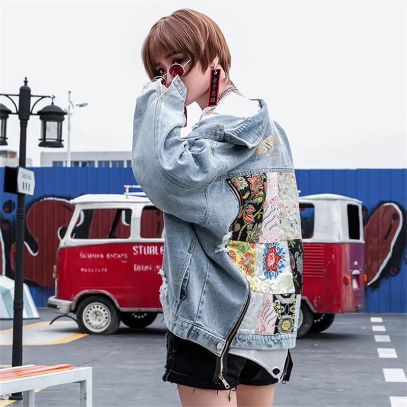 Boho Letter Embroidery Patch Splice Holes Big Pocket Denim Jacket Women Vintage Blue Streetwear Hip Hop Style Female Jeans Coat