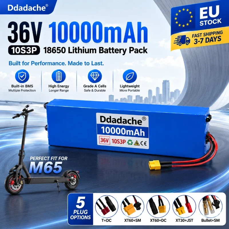 36V 10Ah Lithium-Akku 18650 10S3P Wiederaufladbarer Akkupack mit integriertem Smart BMS für Elektroroller, Elektrofahrrad, E-Bike, 500W Motor, wasserdicht, lange Lebensdauer, 5 Steckeroptionen,