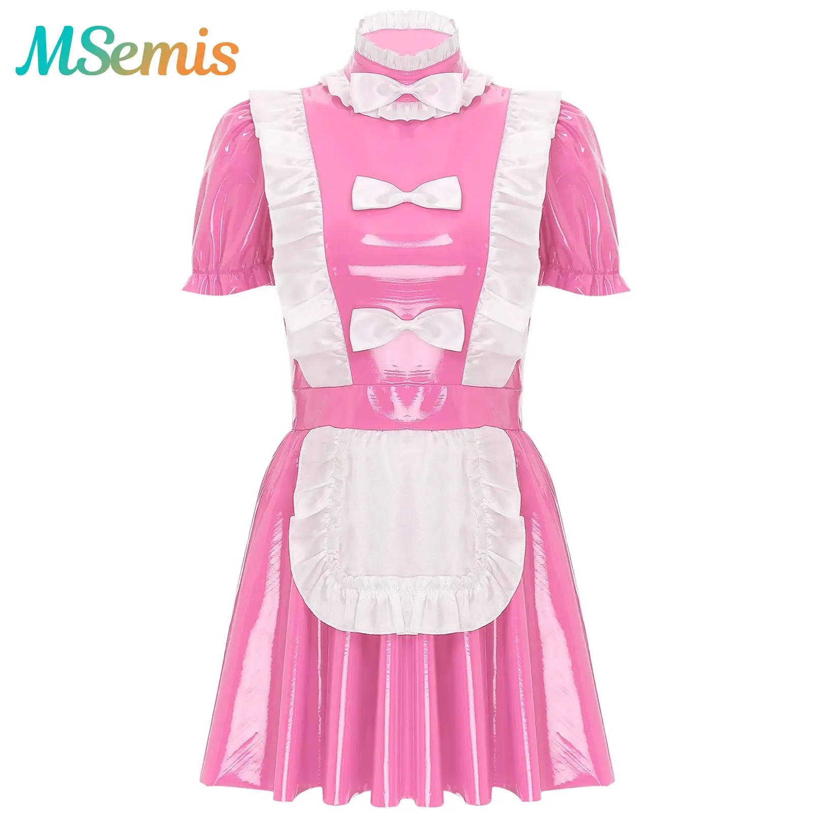 

Womens Glossy Patent Leather Maid Dress Lolita Naughty Maid Cosplay Costume Ruffles Trims Bow Apron Puff Sleeve A-Line Dress