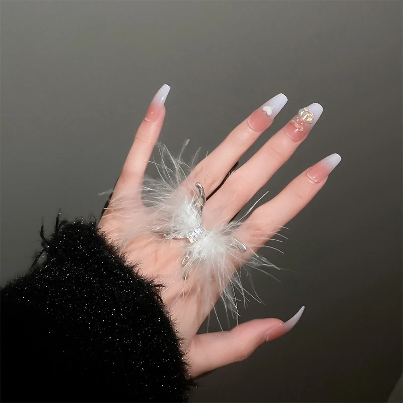 Feathered Butterfly Open Rings For Nail Photoshoot Plush Handicraft Photographic Nail Ring Studio Nail Gel Color Makeup Display