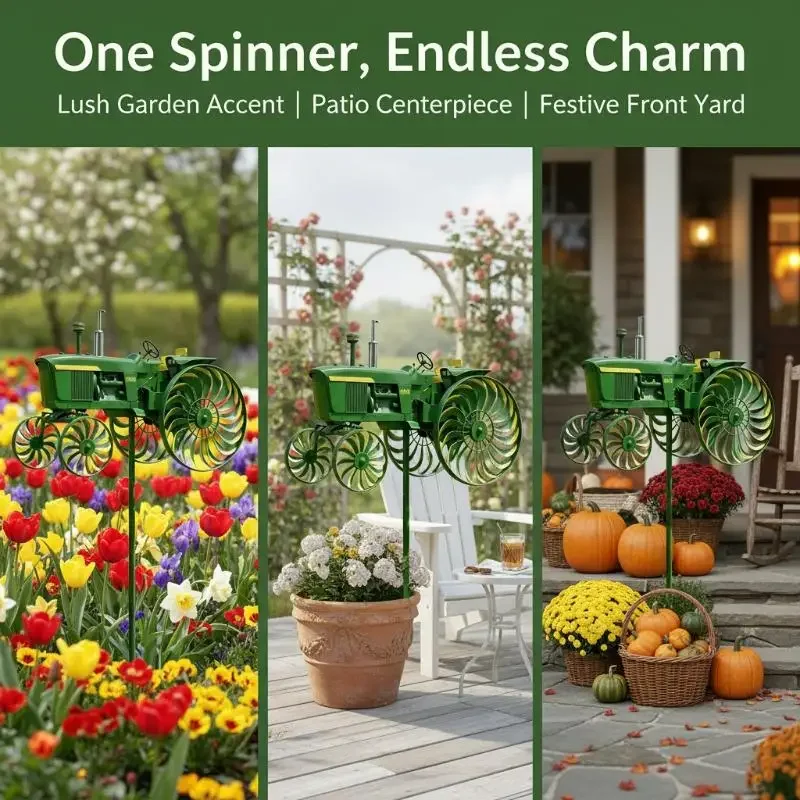 Garden Wind Spinner, Green Tractor Windmill Stake With Rotating Wheels For Patio Yard Garden, Unique Outdoor Sculptures Ornament