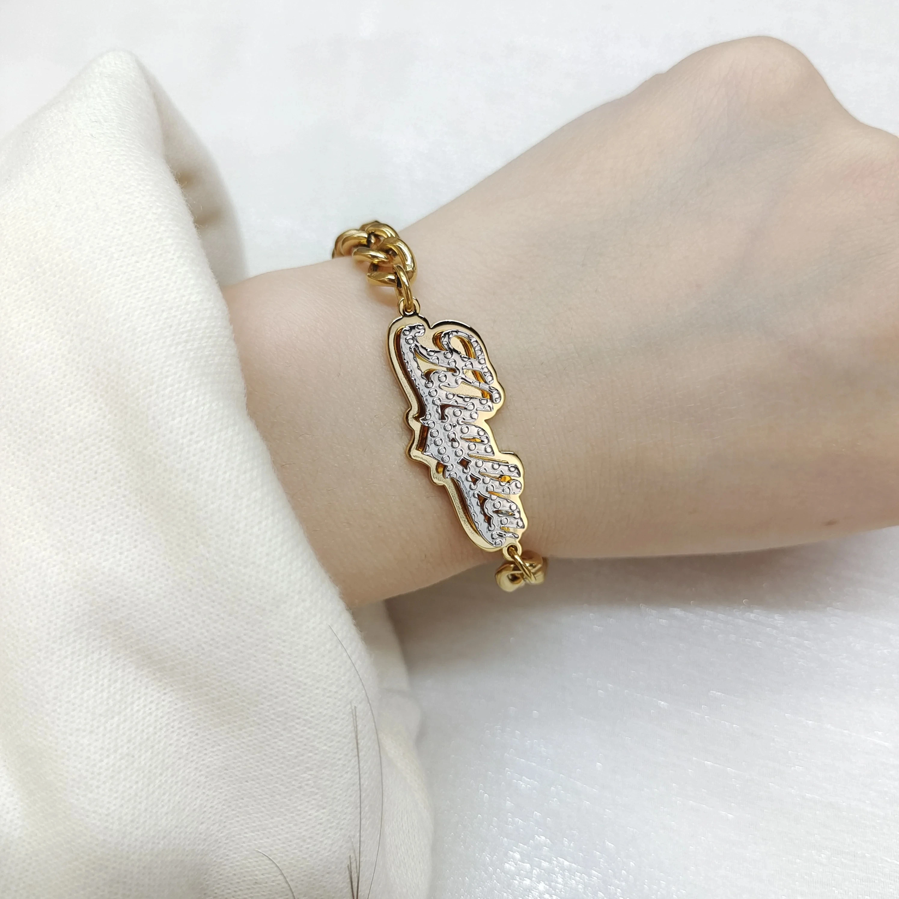 

Customized Name Bangles Double Layer Two Tone Heart Nameplate Cuban Chain With Heart Personalized Custom Name Bracelet For Women