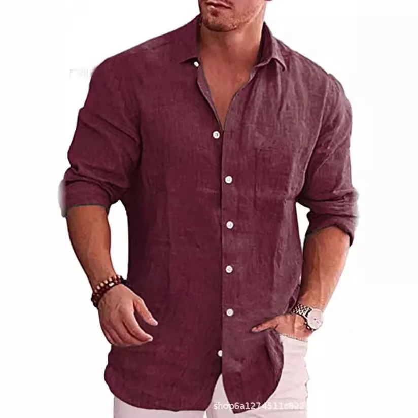 Camisa casual de manga larga con cuello de lino y color sólido de talla grande para hombre