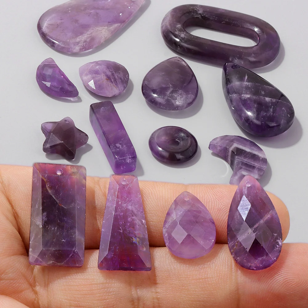 Natural Amethysts Pendant Waterdrop Shape Purple Crystal Quartz Star Crescent Charms For Jewelry Making Necklace DIY Bracelet