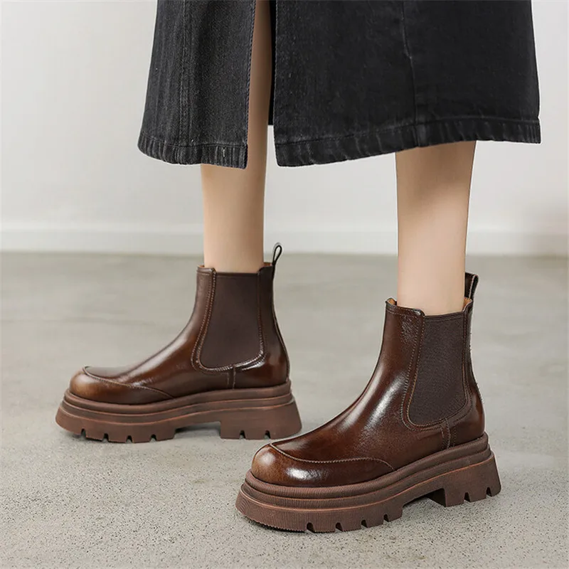 

New Autumn Winter Split Leather Women Boots Fashion Round Toe Shoes for Women Short Boots Women Mujer Chunky Heel Platform Boots
