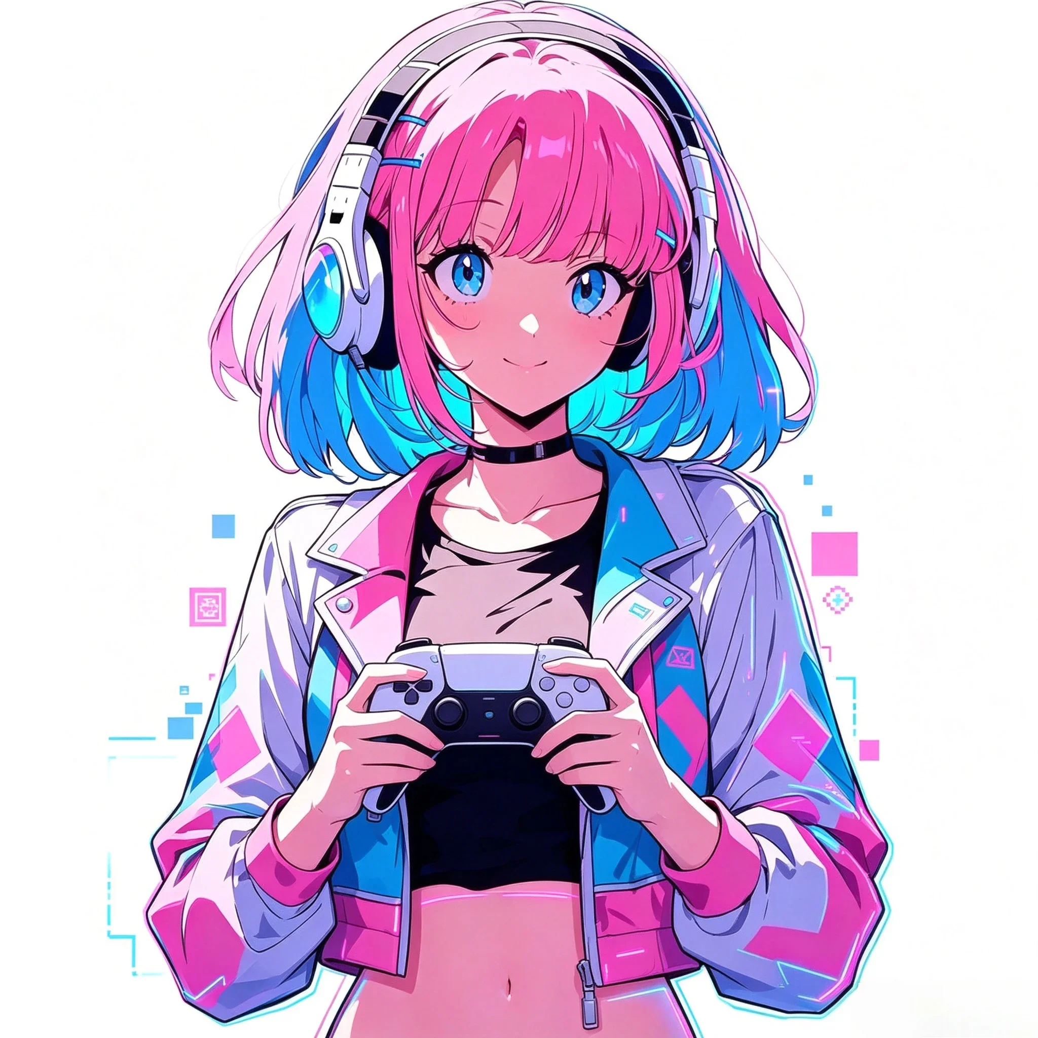 2D Flat 1Pc Anime Pink Blue Short Hair Girl With Game Controller Vinyl Sticker,Waterproof Decal for Car,Motorcycle, Laptop Decor