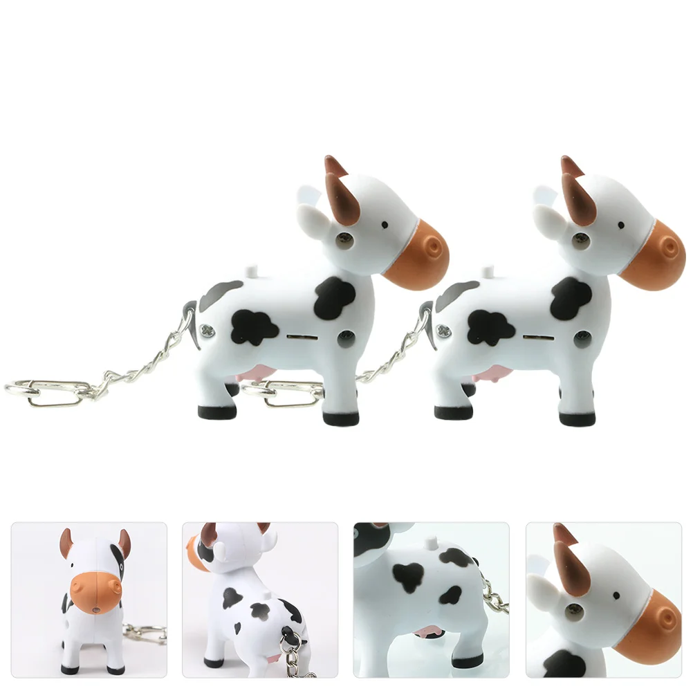 

2 Pcs Luminous Sound Key Cartoon Animal Ring Cow Shaped Adorable Pendant LED Keychains Rings Light Keyrings Holder Design Metal