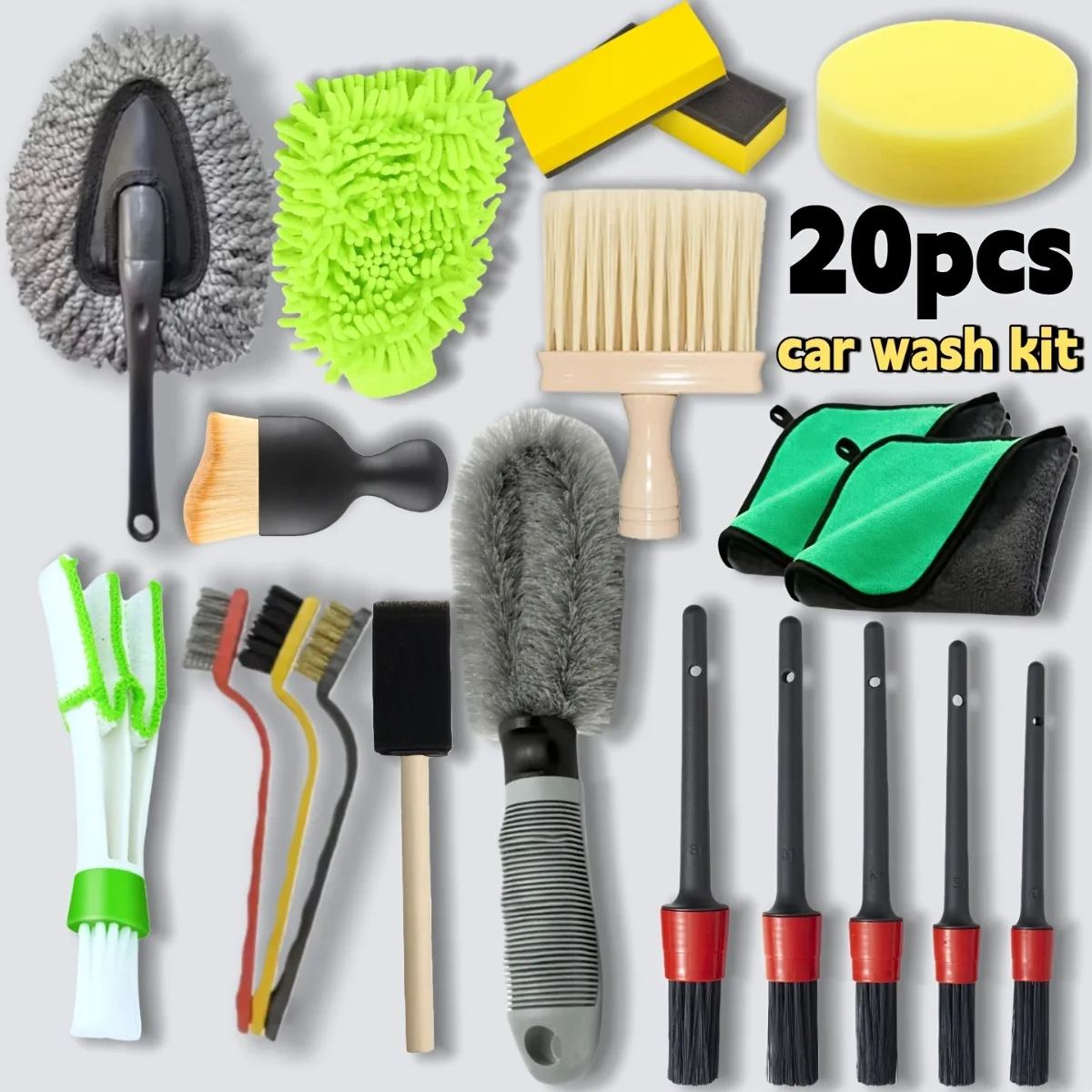 20Pcs All‑Round Car Motorcycle Cleaning Kit Dust Wheel Brush Short Long Handle Vent Brushes Manual Vehicle Care Accessories