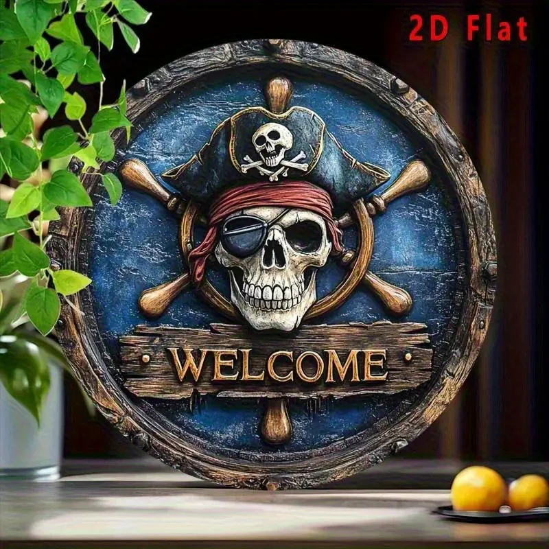 2D Flat, 1pc Pirate Skull and Crossbones Wooden Wall Art 7.87x7.87 Inch Round Wooden Sign with 