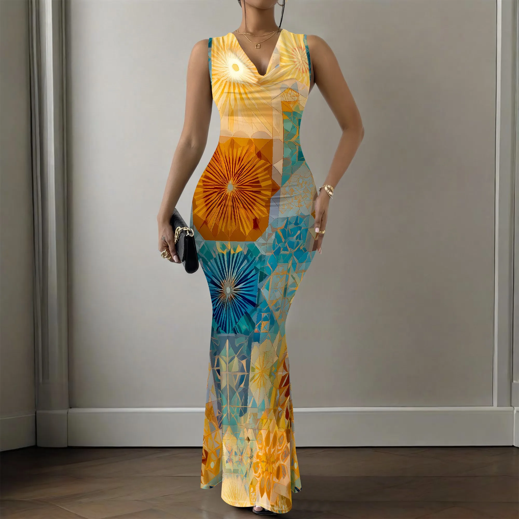 Sunburst Floral Print Dress, Abstract Art Maxi Dress, Cowl Neck Mermaid Gown, Boho Summer Party Wear, XS-2XL