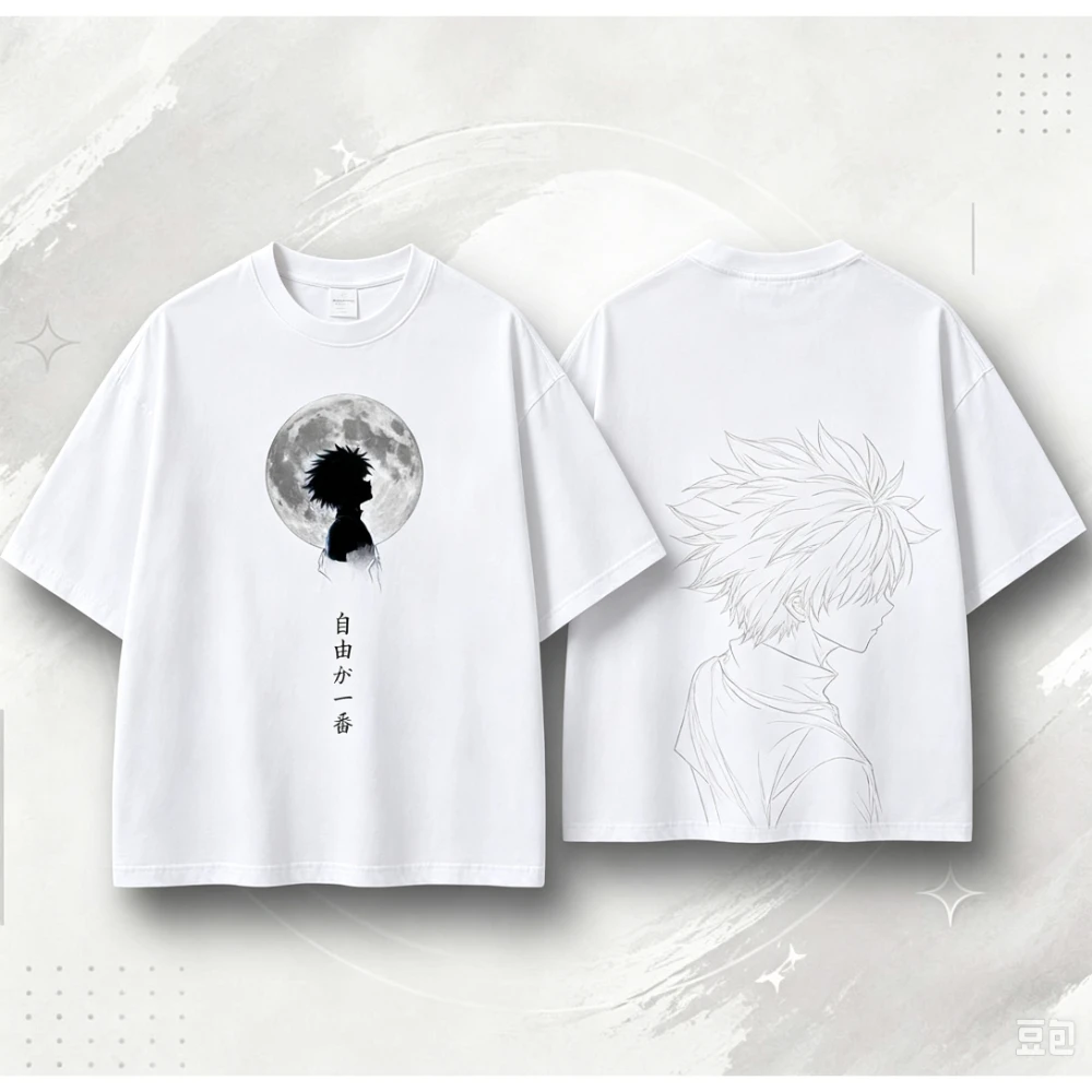 Anime Hunter X Hunter Vintage Men Women T‑Shirt Killua Freedom Print Short‑Sleeve Retro Crewneck Loose Casual Streetwear Top