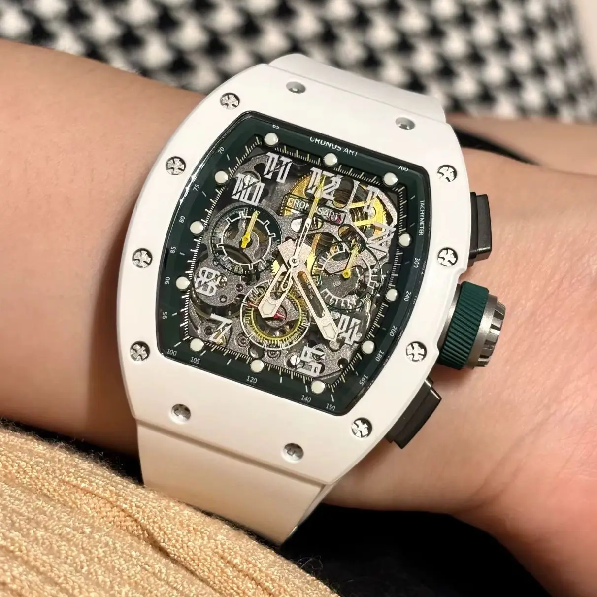 CRONUSART Men Chronograph Watch Tonneau Automatic Mechanical Wristwatch Luminous Sapphire Mirror Waterproof FKM Strap Skeleton