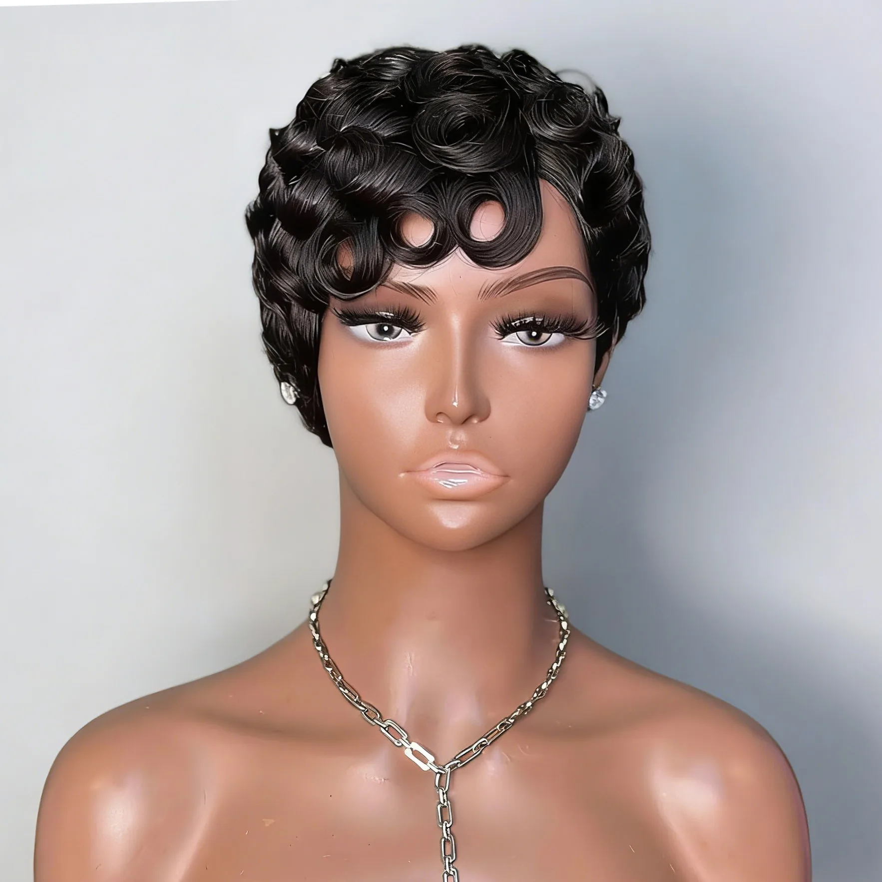 1B Natural Black Curly Pixie Cut Human Hair Wig for Black Women, Brazilian Virgin Real Hair Short Wig Glueless Pre Styled Wig