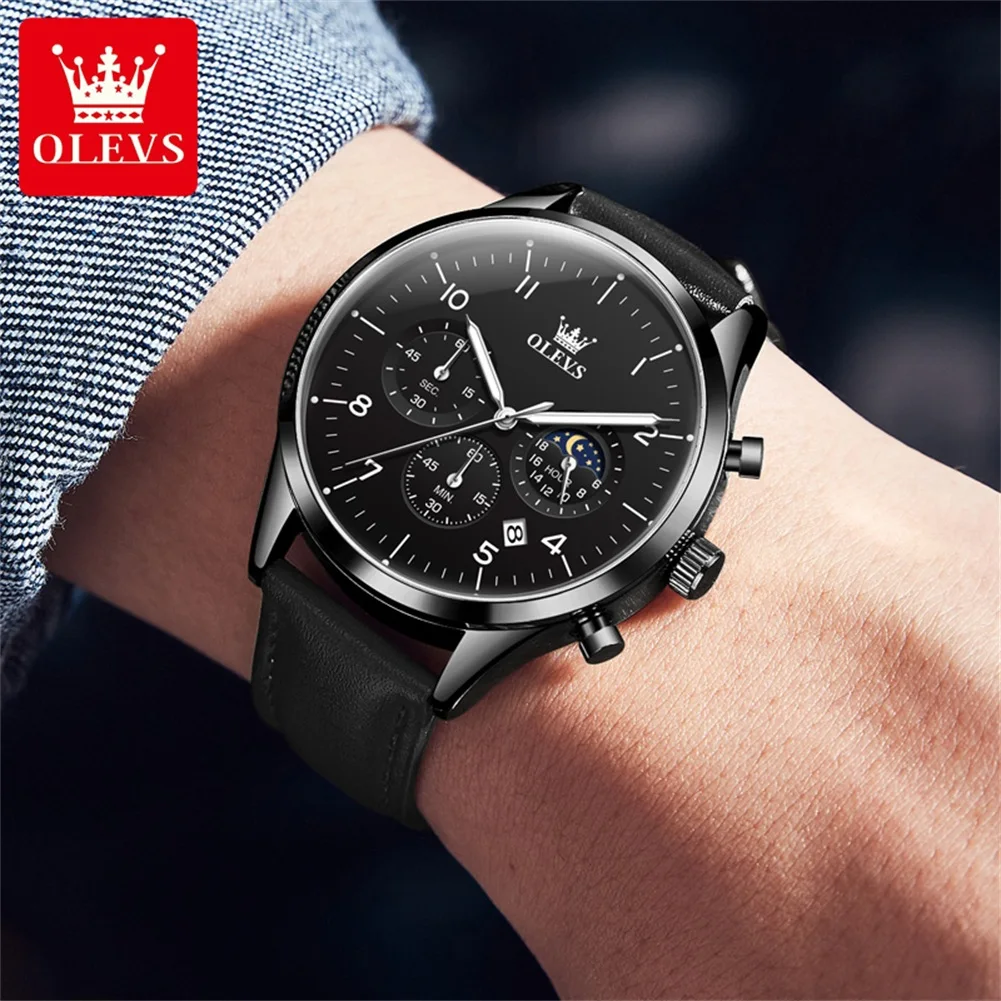 OLEVS 2882 Multifunctional Men's Quartz Watch Leather Strap 42mm Big Dial Moon Phase Waterproof Classic Quartz Watches for Men