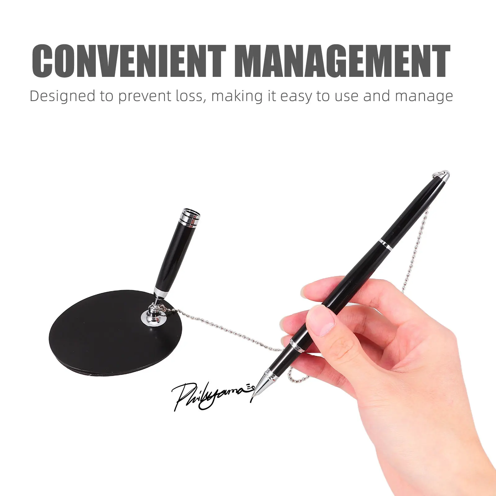 Black Ink Secure Signature Pen Chain Holder Counter Reception Desk Office Bank Accessories Tabletop Stationery Holder