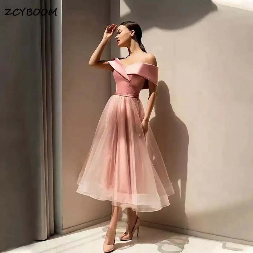 

Elegant Pink A-Line Party Prom Gowns 2023 Tulle Off Shoulder Tea Length Formal Evening Dresses Women Homecoming Robes De Soirée