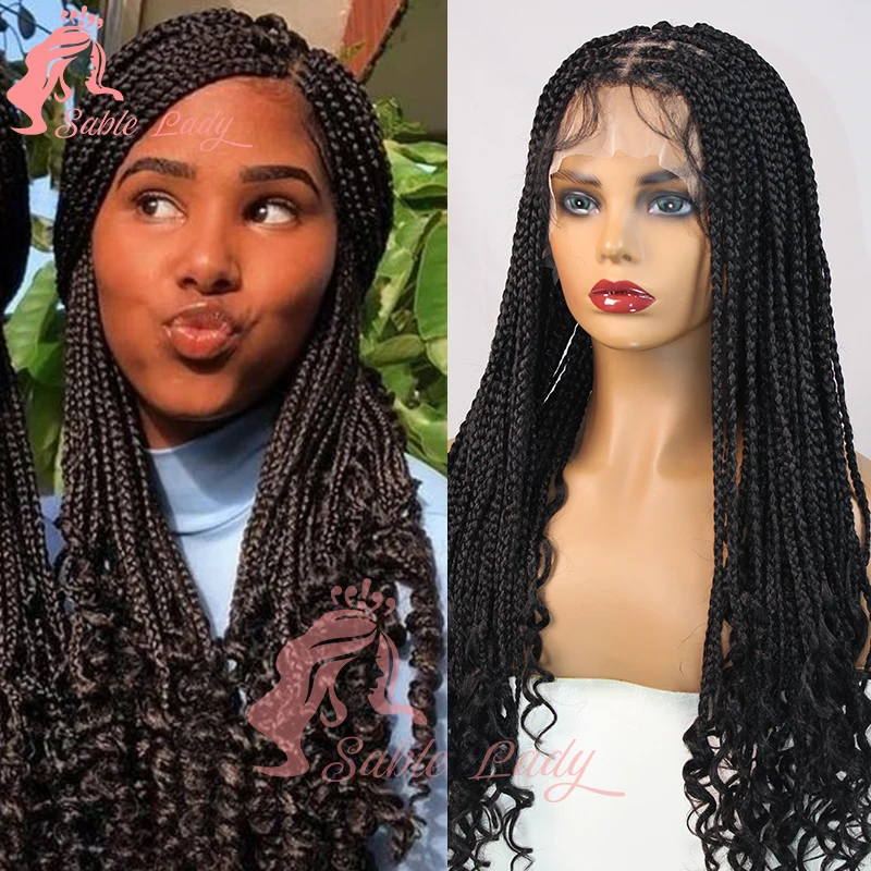 Full Lace French Curl Synthetic Braided Wig 24 Inch Knotless Box Braids Wig with Wave Curly Ends Crochet Cornrow Braid Plait Wig