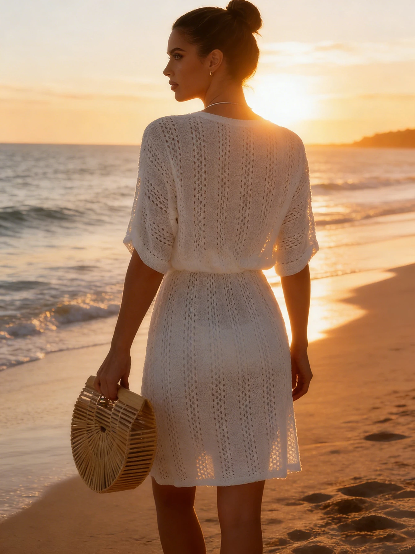 Summer Women Crochet  Hollow Out Beach Dress V Neck Short Sleeve Wrap Waist Loose Mini Cover Up view 5