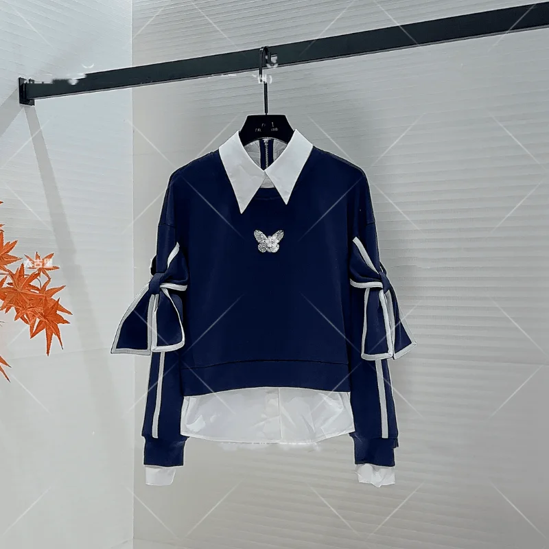 

Elegant Color Block Bow Long Sleeve Sweatshirt Women Slim Fit Stylish Top