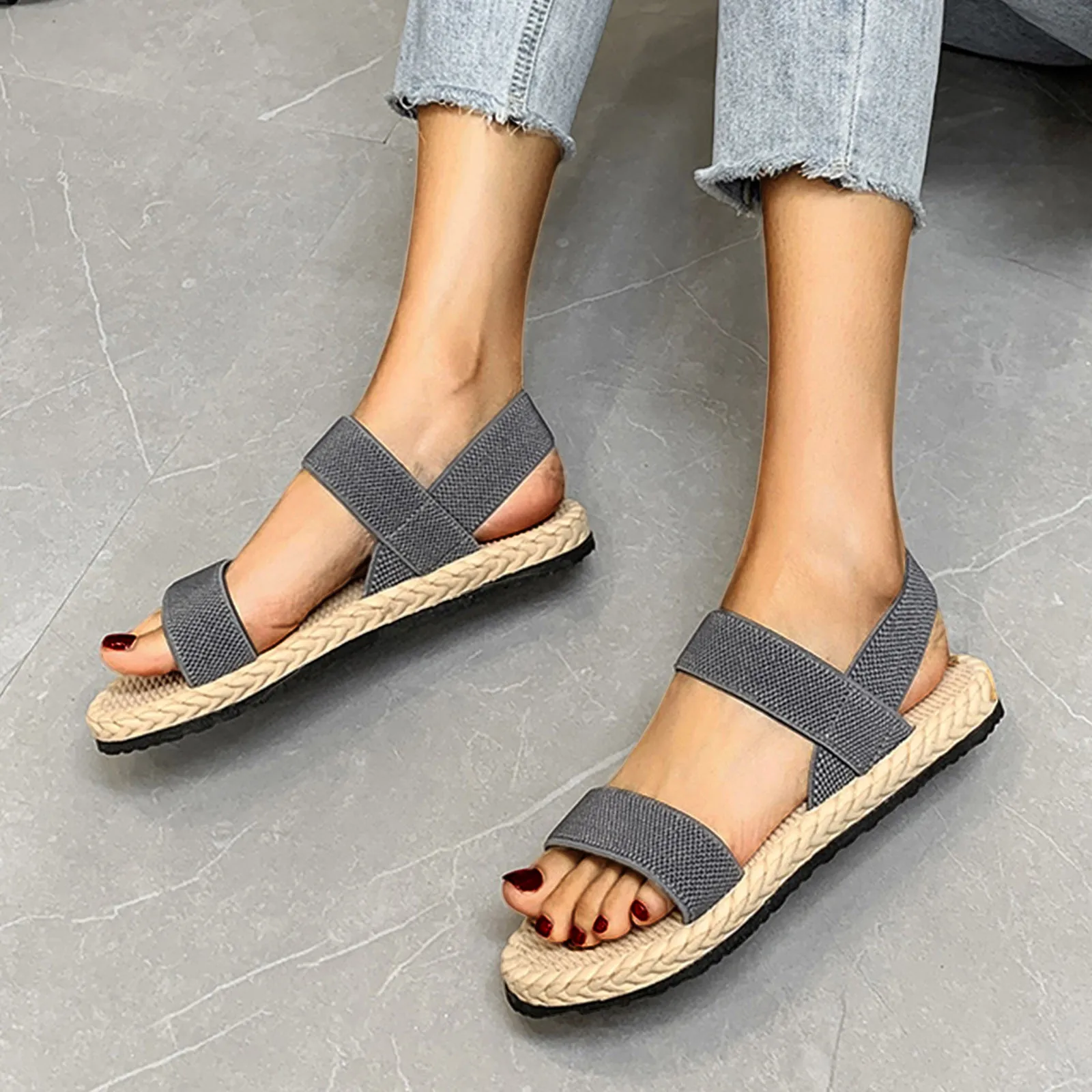 Summer Simple Sandals Solid Color Elastic Strap Open Toe Flat Bottom Outside Straw Linen Roman Shoes Plus Size Women\'s Sandals