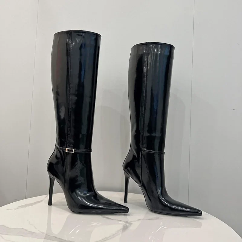 Sexy Thin Super High Heel Knee-high Modern Show Boots Pointed Toe Belt Buckle Patent Leather Solid Slip-on Autum Women Shoes