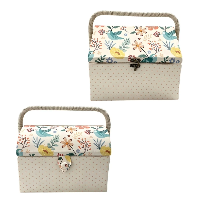 Sewing Storage Box with Carry Handle and Front Closure, Decorative Bird Print Sewing Case for Home Sewing and DIY Crafts 87HA
