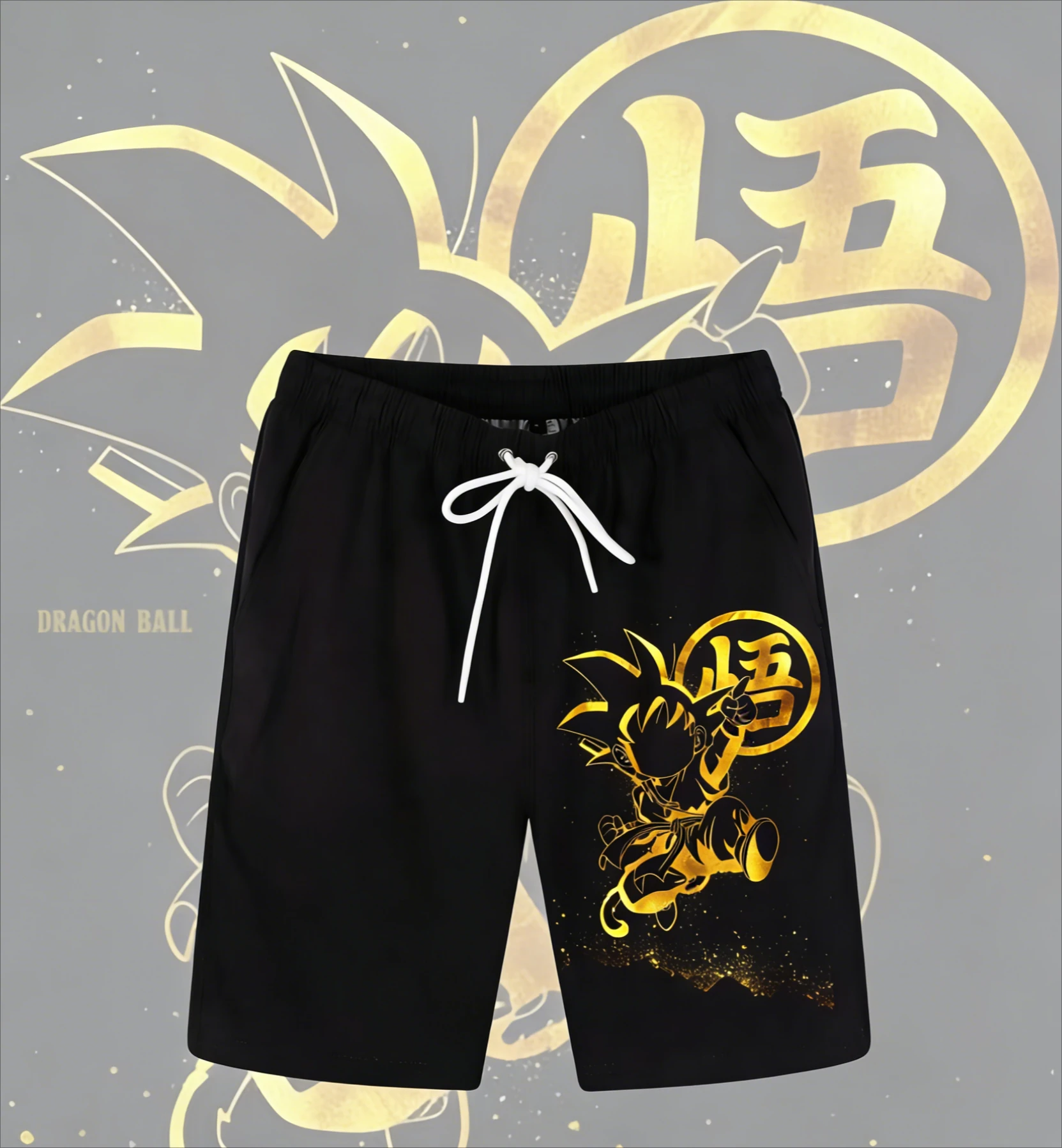 

2026 Summer Dragon Ball Kid Goku Golden Go Kanji Retro Quick-Dry Print Shorts Adult Kids Plus Size Breathable Anime Fan Shorts