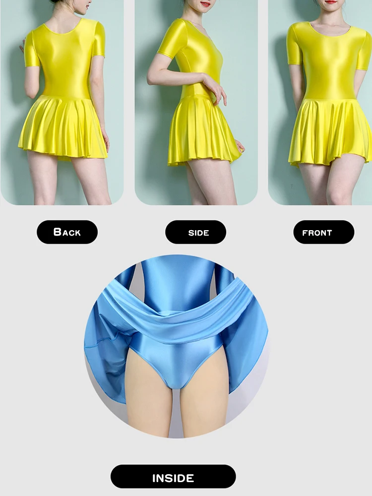 새틴처럼 매끄럽고 윤기나는 드레스, 오일리 짧은 소매 크로치 스포츠 수영 요가 스커트 발레 스커트 긴 소매 파티 스커트 레오타드