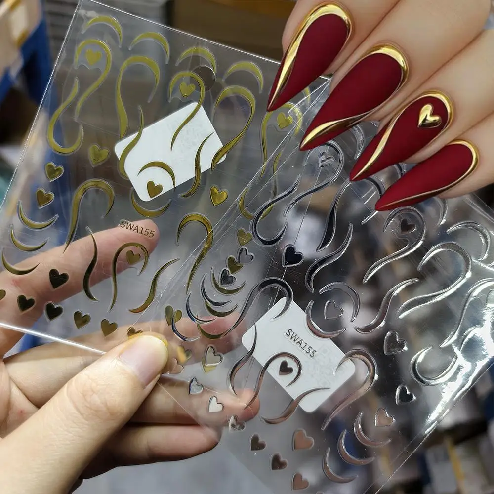 Autocollants pour ongles en forme de cœur, lignes françaises en métal, or/argent, vague d'amour, décalcomanies simples pour la saint-valentin, 1/2 pièces
