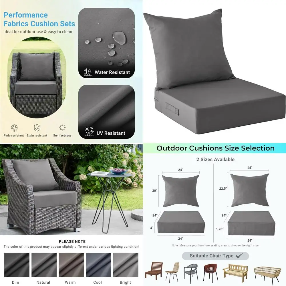 

24x24x5.75 Waterproof & Fade-Resistant Patio Chair Cushions, Deep Seating with Removable Dark Grey Covers