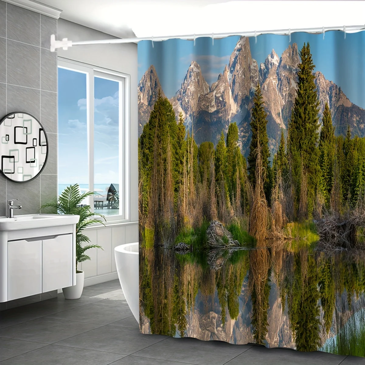 

Занавеска для ванны с горным отражением — Majestic Peaks & Serene Lake, водонепроницаемый домашний декор добавляет способность природе в ванную комнату