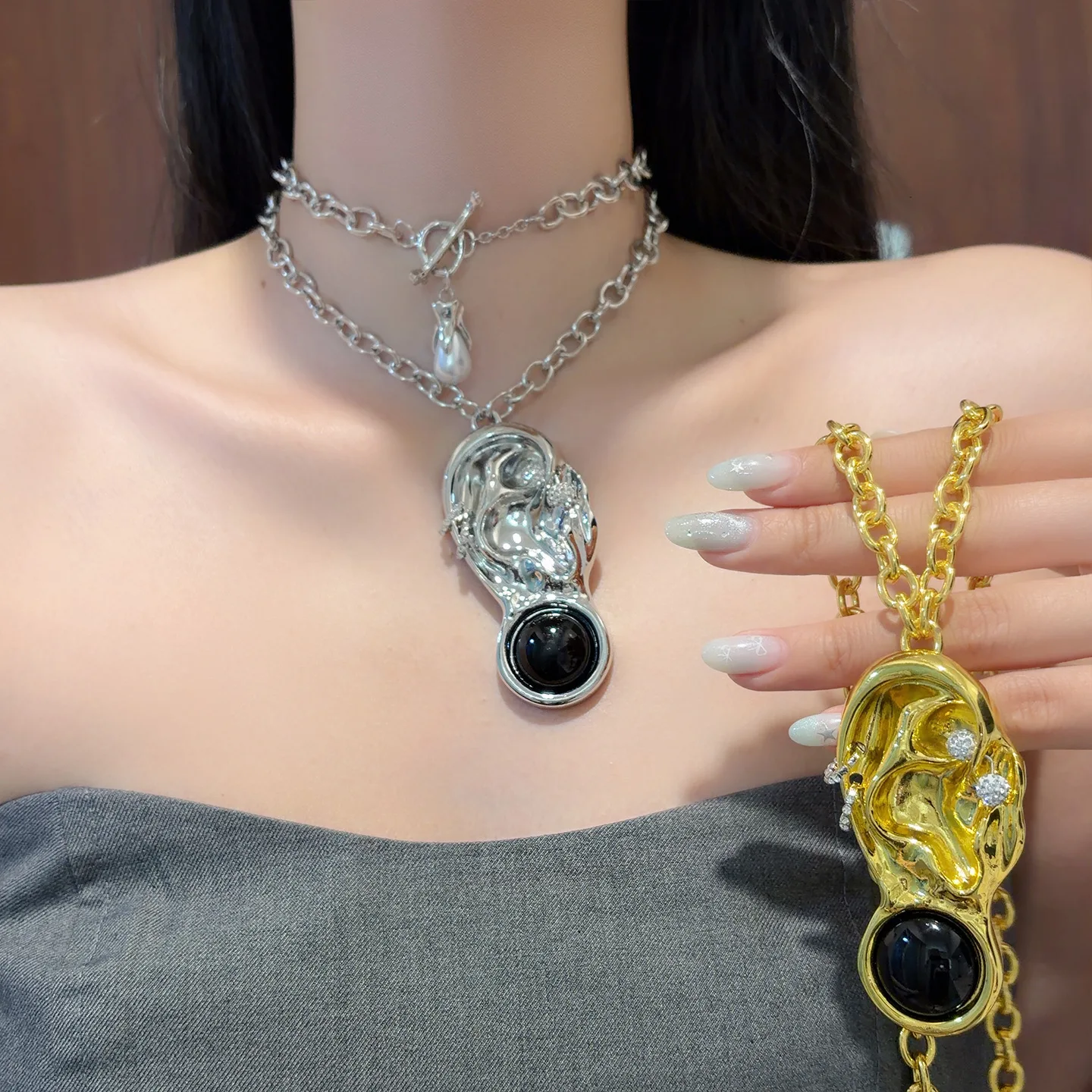 Ear Shaped Rhinestone Inlaid Metal Necklace Abstract Pendant Chunky Chain Exaggerated Choker Collar Metalico Statement Jewelry