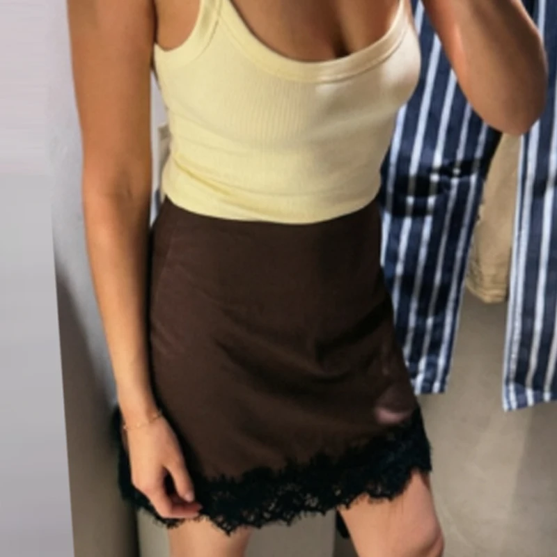 HXAO Spitzen-Satin-Culottes Damenrock Sommer 2026 Sexy Mini High-Waist Culottes Schicke Weiße Schwarze Braune Dunkelbraune Rockshorts – Detail 10