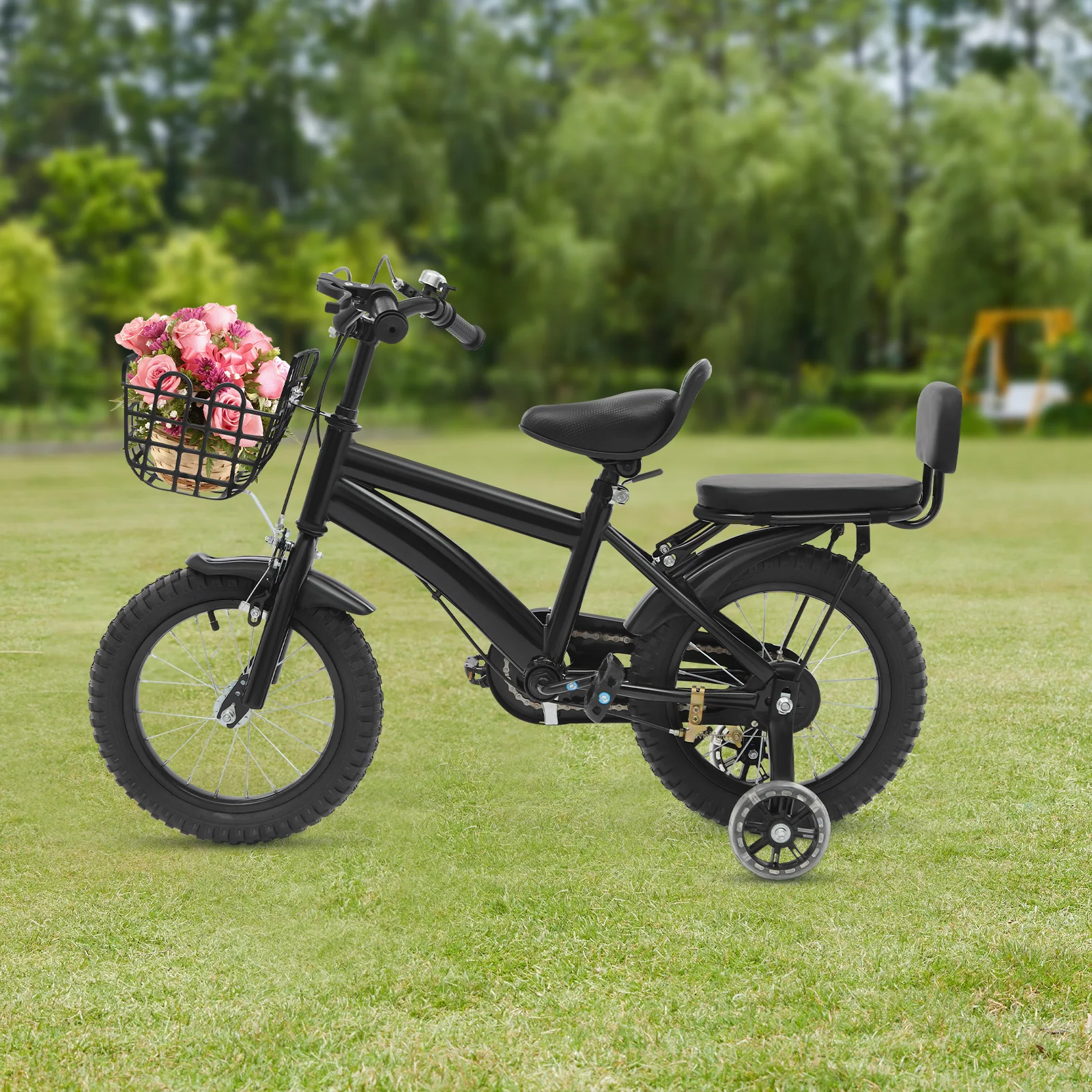 Vélo pour enfants de 14 pouces pour enfants de 3 à 7 ans, avec roue d'entraînement et panier réglables en hauteur, noir/blanc/violet/rose