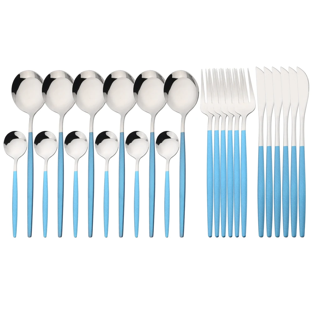 

24pcs Blue Silver Dinnerware Set Stainless Steel Tableware Cutlery Dinner Knife Forks Coffee Spoon Flatware Kitchen Silverware