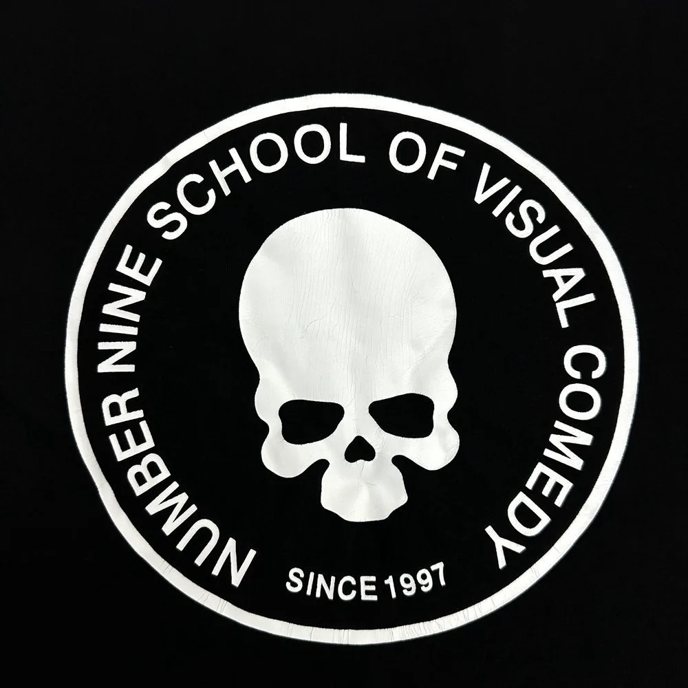 KK11 Number Nine N9 Skull Print Distressed Cracked Short Sleeved T-shirt Antique Black and White Style Tees