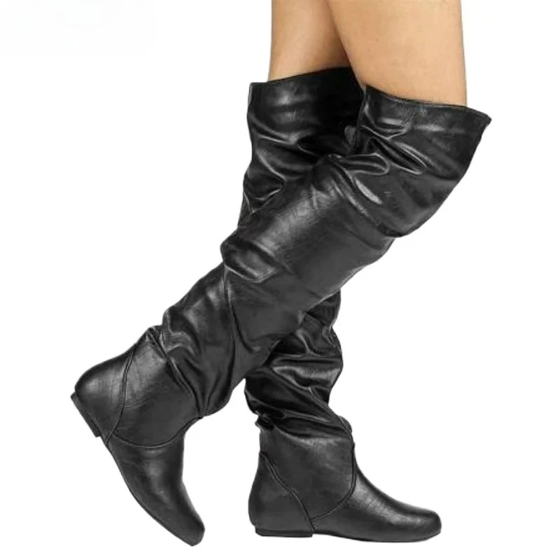 Botas por encima de la rodilla para mujer, botas elásticas de PU, zapatos de punta redonda, zapatos planos concisos, otoño invierno 2026, tallas grandes 34-48