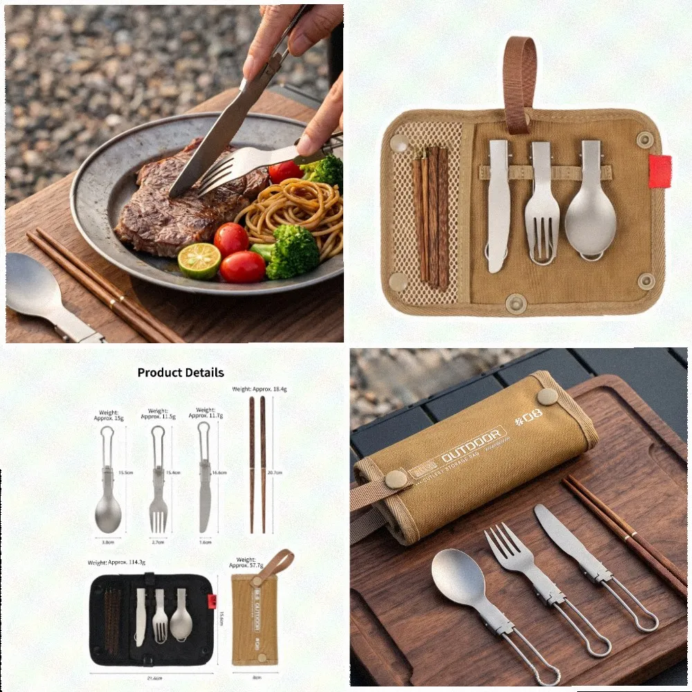 Lightweight Titanium Camping Cutlery Bundle with Ergonomic Grip Fork Spoon and Chopsticks for Extended Field Use