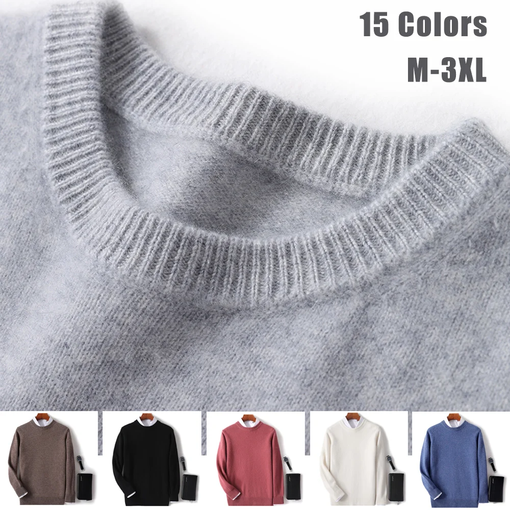 

2025 Wool Sweater Men 100% Australian Crew Neck Pullover Solid Black/Grey/Navy/Cream/Camel/Red Size M-3XL